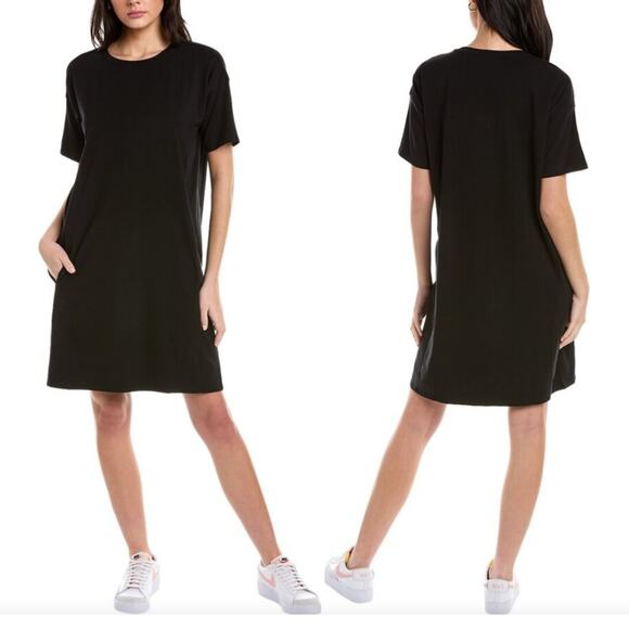 Eileen Fisher Tencel Stretchy Knit Pocketed Little Black Jewel Neck Mini Dress S - Picture 1 of 12